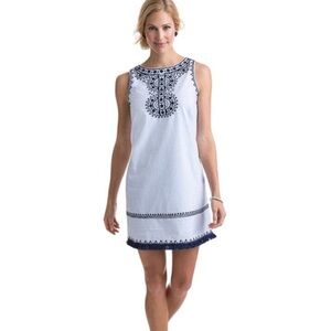 Vineyard Vines Breezy Stripe Embroidered Blue Shift Dress With Tassels